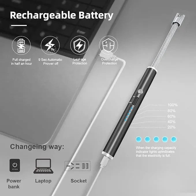 Electronic Pulse Igniter – USB Rechargeable Flameless Lighter with LED Power Display & 360° Flexible Neck
